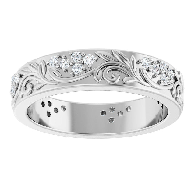 14K Gold Round Lab-Grown Diamond Accented Floral Band - 1.5mm Stones - White Gold - view 8