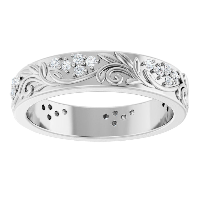 14K Gold Round Lab-Grown Diamond Accented Floral Band - 1.5mm Stones - White Gold - view 8