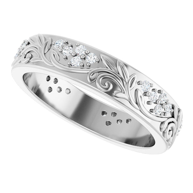 14K Gold Round Lab-Grown Diamond Accented Floral Band - 1.5mm Stones - White Gold - view 10