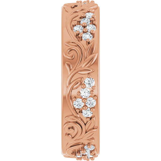14K Gold Round Lab-Grown Diamond Accented Floral Band - 1.5mm Stones - Rose Gold - view 9