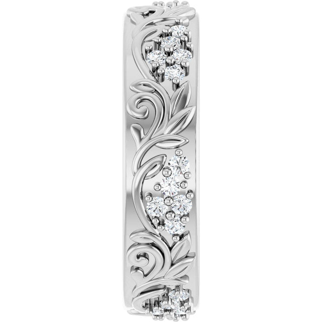 Platinum Round Lab-Grown Diamond Accented Floral Band - 1.5mm Stones - view 9