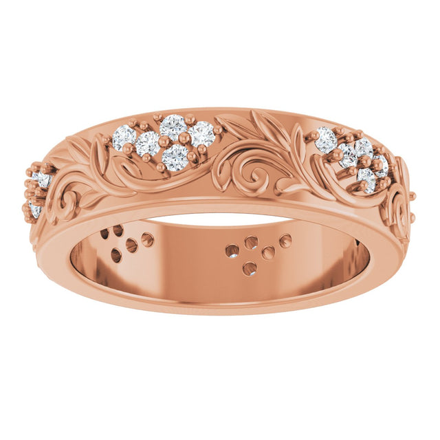 14K Gold Round Lab-Grown Diamond Accented Floral Band - 1.5mm Stones - Rose Gold - view 8
