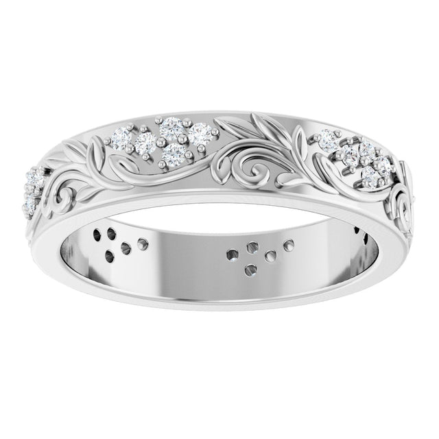 Platinum Round Lab-Grown Diamond Accented Floral Band - 1.5mm Stones - view 8