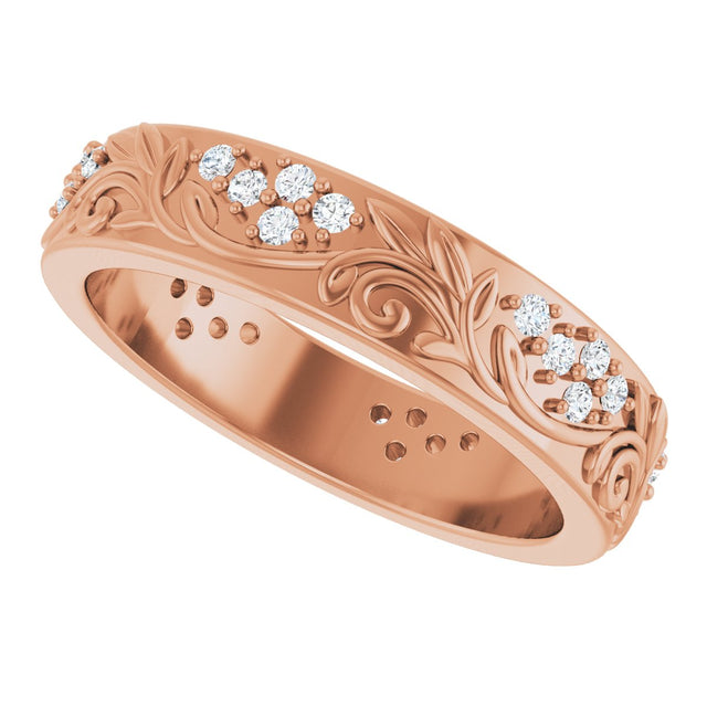14K Gold Round Lab-Grown Diamond Accented Floral Band - 1.5mm Stones - Rose Gold - view 10