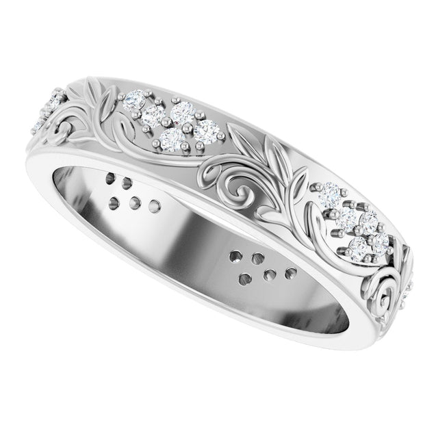 Platinum Round Lab-Grown Diamond Accented Floral Band - 1.5mm Stones - view 10