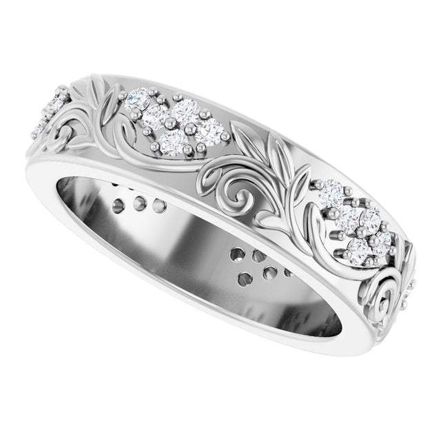 14K Gold Round Lab-Grown Diamond Accented Floral Band - 1.5mm Stones - White Gold - view 10