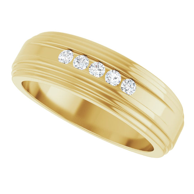 14K Gold Round Lab-Grown Diamond Double Stepped-Edge Channel-Set Flat Band - 1/6 CTW - Yellow Gold - view 5