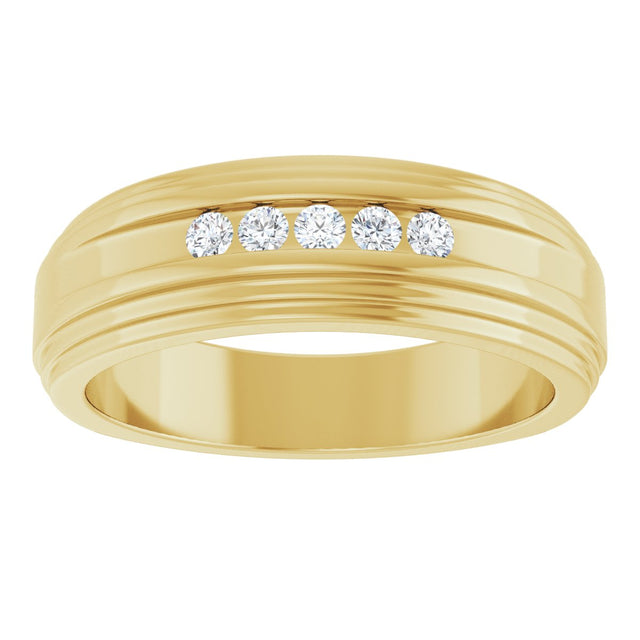 14K Gold Round Lab-Grown Diamond Double Stepped-Edge Channel-Set Flat Band - 1/6 CTW - Yellow Gold - view 3