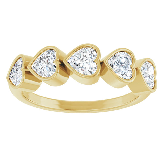 14K Gold Heart Lab-Grown Diamond Bezel-Set Five-Stone Anniversary Band - 4x4mm Stones - Yellow Gold - view 8