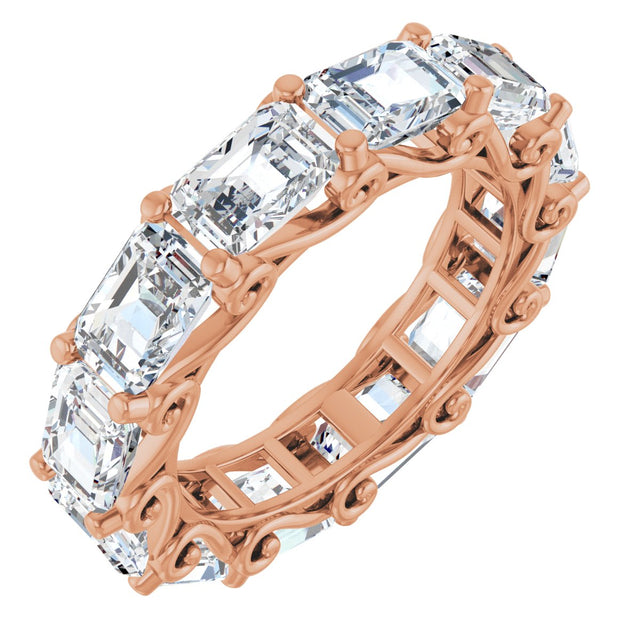 14K Gold Emerald Natural Diamond Sculptural Eternity Band - 5.8x4.2mm Stones - Rose Gold