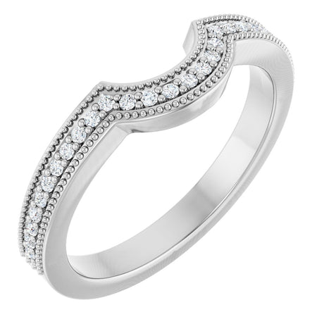14K Gold Round Lab-Grown Diamond Milgrain Edge Accented Contour Band - 1/8 CTW - White Gold