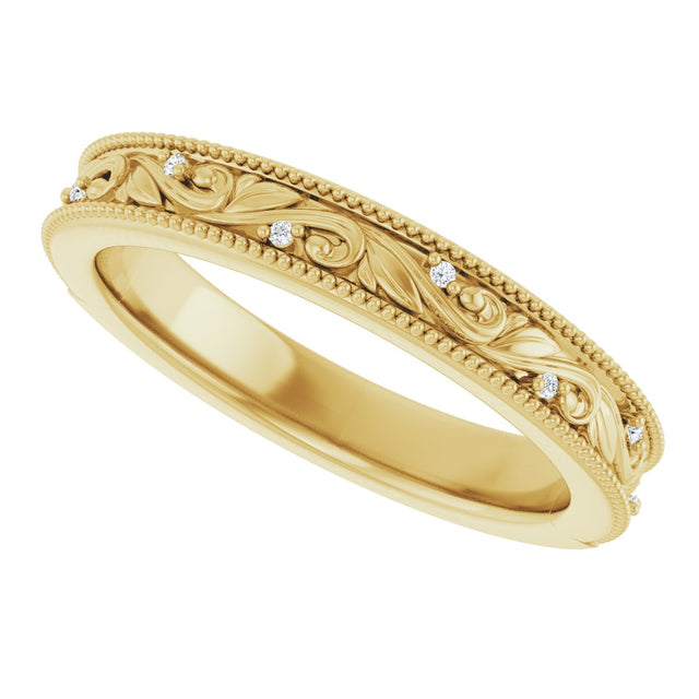 14K Gold Round Lab-Grown Diamond Milgrain Edge Accented Floral Band - 02-06 CTW - Yellow Gold - view 10