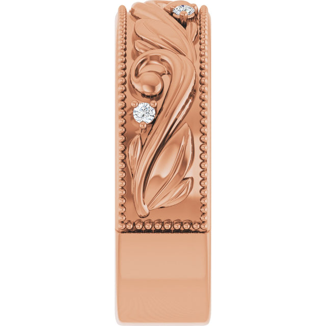 14K Gold Round Lab-Grown Diamond Milgrain Edge Accented Floral Band - 02-06 CTW - Rose Gold - view 9