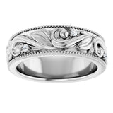 14K Gold Round Lab-Grown Diamond Milgrain Edge Accented Floral Band - 02-06 CTW - White Gold - view 8