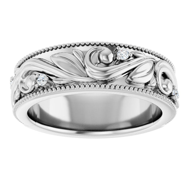 Platinum Round Lab-Grown Diamond Milgrain Edge Accented Floral Band - 02-06 CTW - view 8