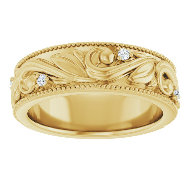 14K Gold Round Lab-Grown Diamond Milgrain Edge Accented Floral Band - 02-06 CTW - Yellow Gold - view 8