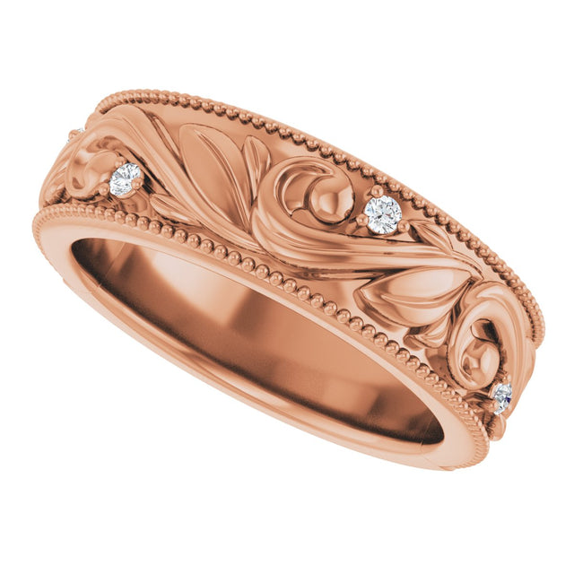14K Gold Round Lab-Grown Diamond Milgrain Edge Accented Floral Band - 02-06 CTW - Rose Gold - view 10