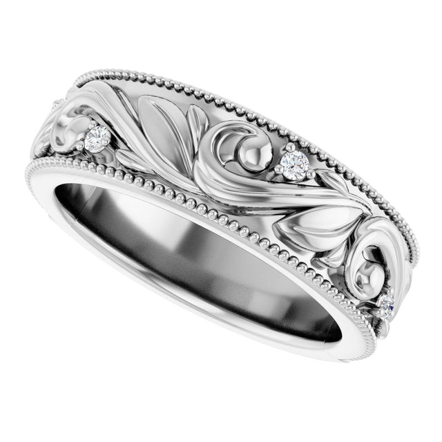 14K Gold Round Lab-Grown Diamond Milgrain Edge Accented Floral Band - 02-06 CTW - White Gold - view 10