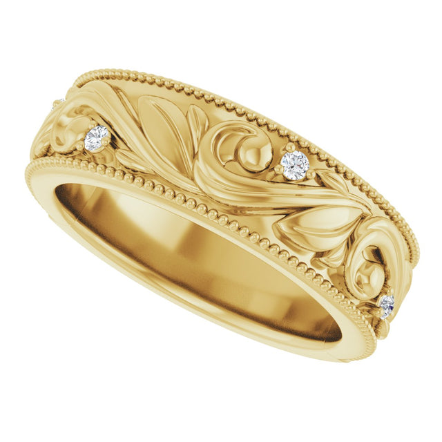 14K Gold Round Lab-Grown Diamond Milgrain Edge Accented Floral Band - 02-06 CTW - Yellow Gold - view 10