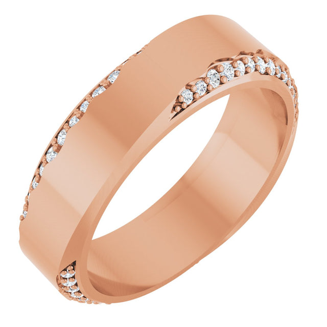 14K Gold Round Natural Diamond Scalloped Beveled-Edge Accented Band - 1.1mm Stones - Rose Gold