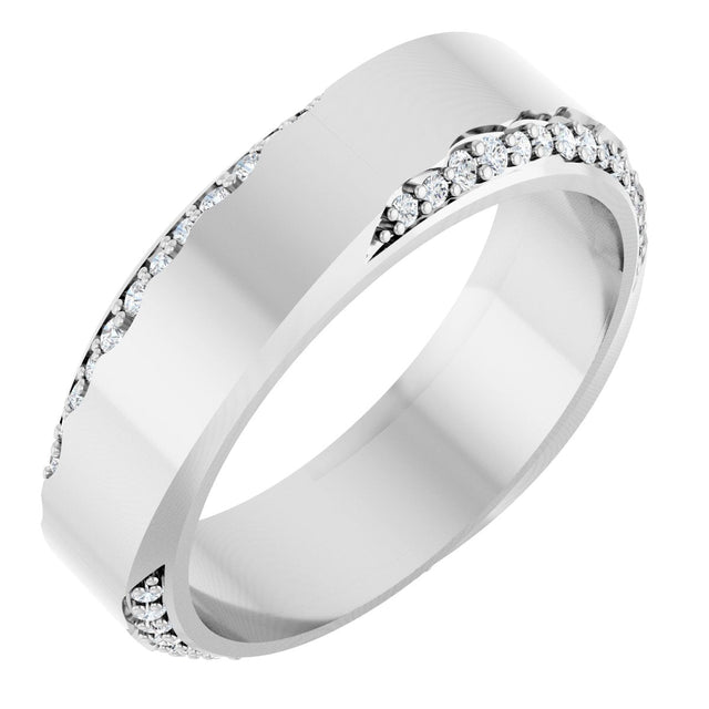 14K Gold Round Natural Diamond Scalloped Beveled-Edge Accented Band - 1.1mm Stones - White Gold