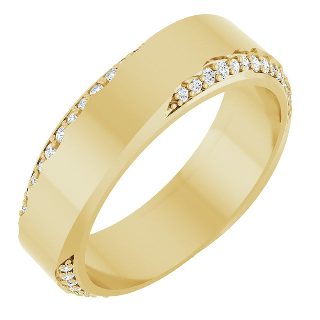 14K Gold Round Natural Diamond Scalloped Beveled-Edge Accented Band - 1.1mm Stones - Yellow Gold