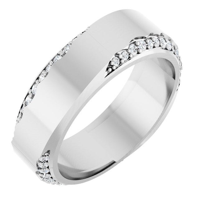 14K Gold Round Natural Diamond Scalloped Beveled-Edge Accented Band - 1.1mm Stones - White Gold