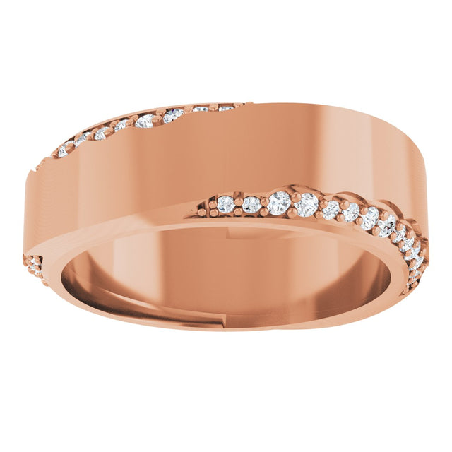 14K Gold Round Natural Diamond Scalloped Beveled-Edge Accented Band - 1.1mm Stones - Rose Gold - view 3
