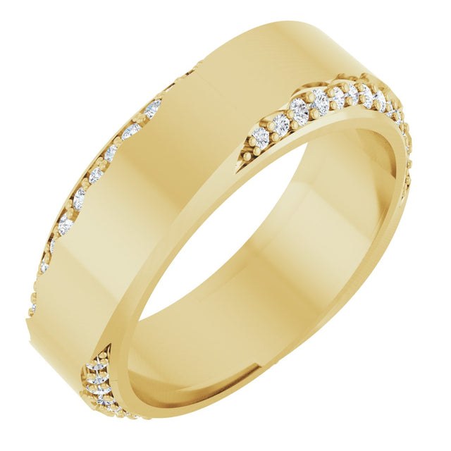 14K Gold Round Lab-Grown Diamond Scalloped Beveled-Edge Accented Band - 1.1mm Stones - Yellow Gold