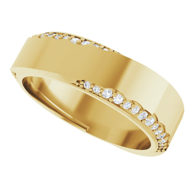 14K Gold Round Natural Diamond Scalloped Beveled-Edge Accented Band - 1.1mm Stones - Yellow Gold - view 5