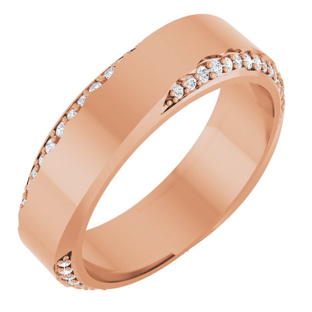 14K Gold Round Natural Diamond Scalloped Beveled-Edge Accented Band - 1.1mm Stones - Rose Gold