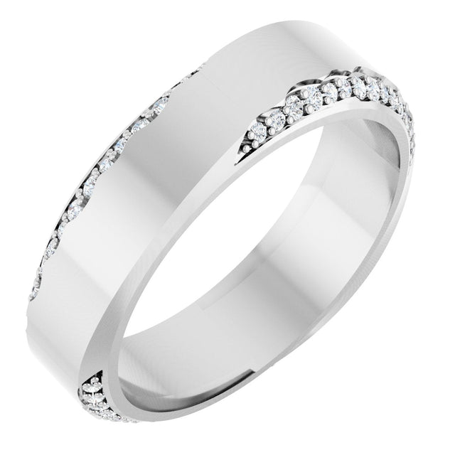 14K Gold Round Natural Diamond Scalloped Beveled-Edge Accented Band - 1.1mm Stones - White Gold