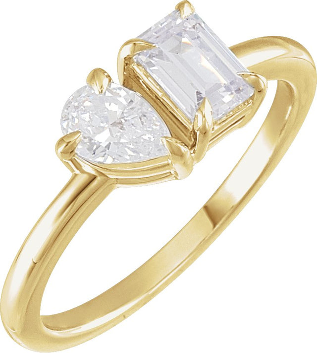 14K Gold Emerald Lab-Grown Diamond Two-Stone Ring - Yellow Gold
