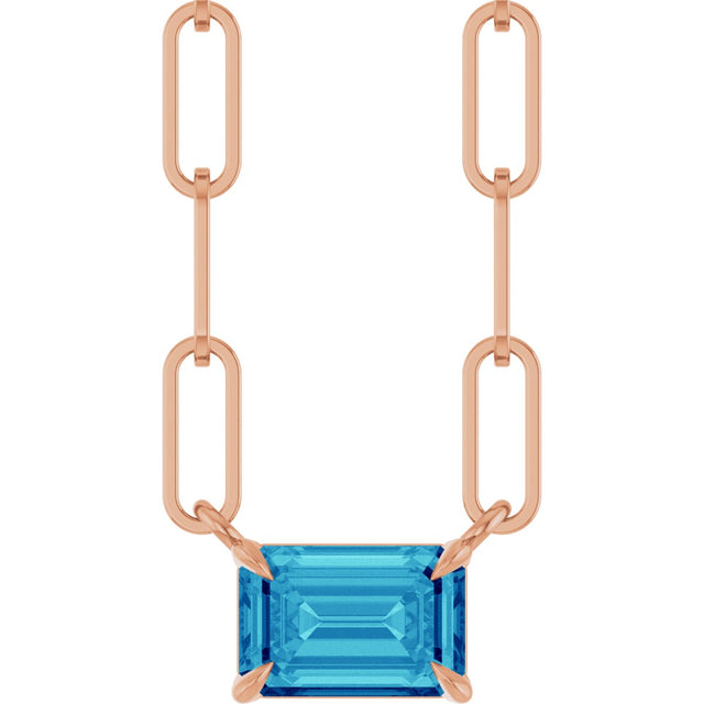 14K Gold Emerald Natural Blue Zircon Solitaire Necklace - Rose Gold