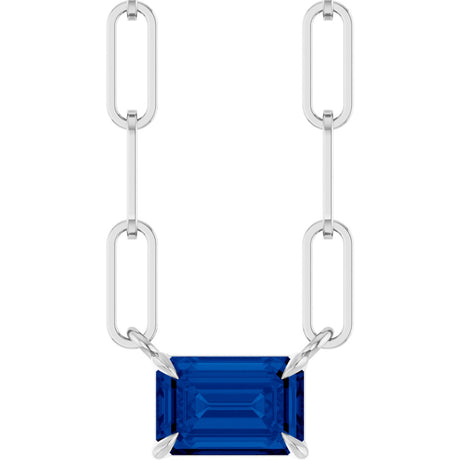 14K Gold Emerald Natural Blue Sapphire Solitaire Necklace - White Gold