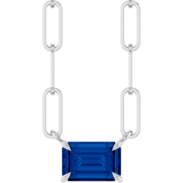 14K Gold Emerald Lab-Grown Blue Sapphire Solitaire Necklace - White Gold