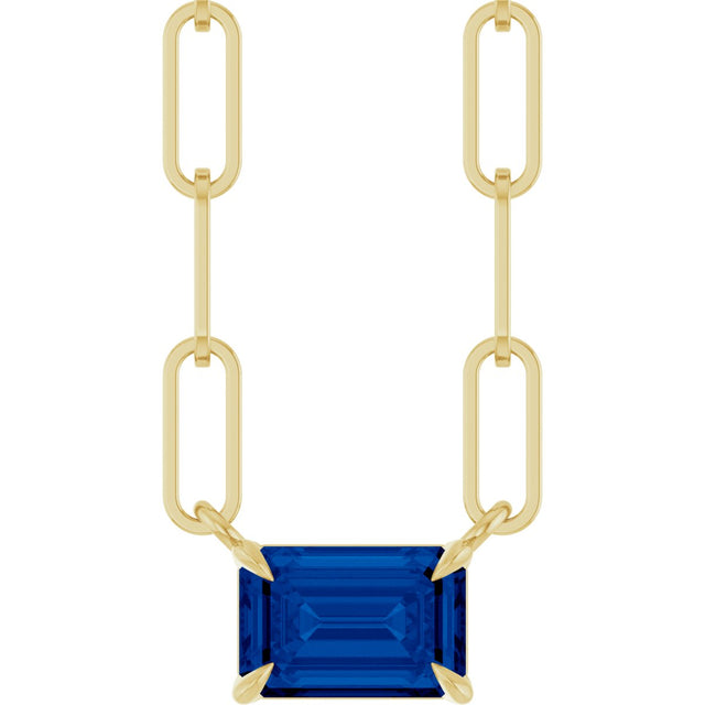 14K Gold Emerald Lab-Grown Blue Sapphire Solitaire Necklace - Yellow Gold