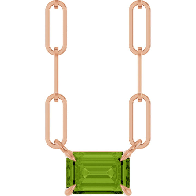 14K Gold Emerald Natural Peridot Solitaire Necklace - Rose Gold