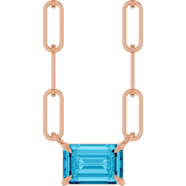 14K Gold Emerald Natural Aquamarine Solitaire Necklace - Rose Gold