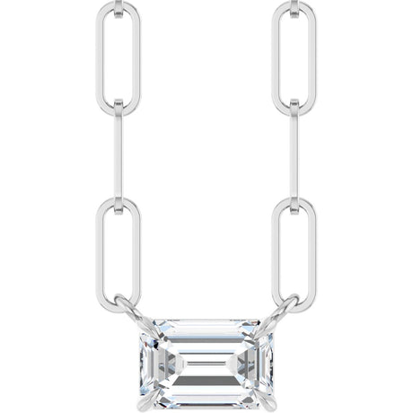 14K Gold Emerald Natural White Sapphire Solitaire Necklace - White Gold