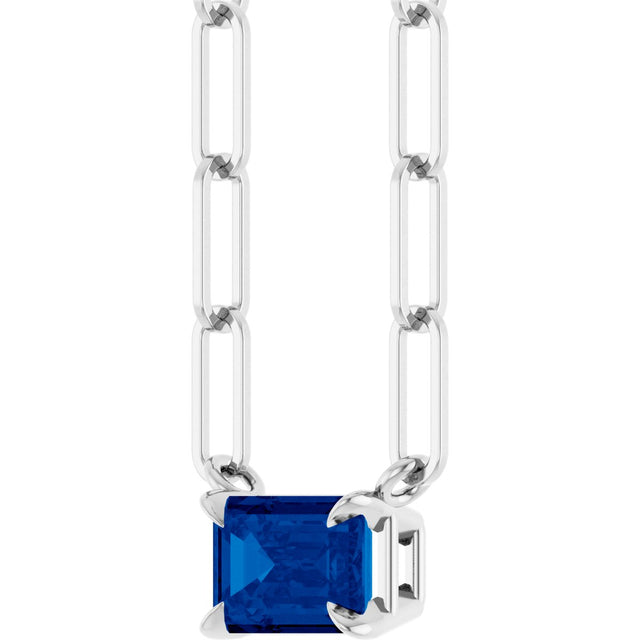 14K Gold Emerald Natural Blue Sapphire Solitaire Necklace - White Gold - view 2