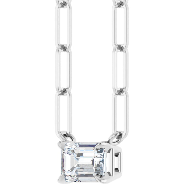 14K Gold Emerald Natural White Sapphire Solitaire Necklace - White Gold - view 2