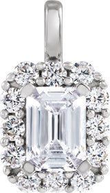 14K Gold Emerald Lab-Grown Diamond Halo-Style Pendant - White Gold