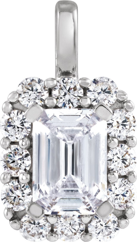 14K Gold Emerald Lab-Grown Diamond Halo-Style Pendant - White Gold