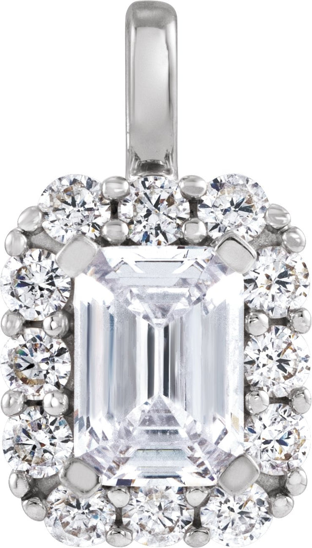 14K Gold Emerald Lab-Grown Diamond Halo-Style Pendant - White Gold