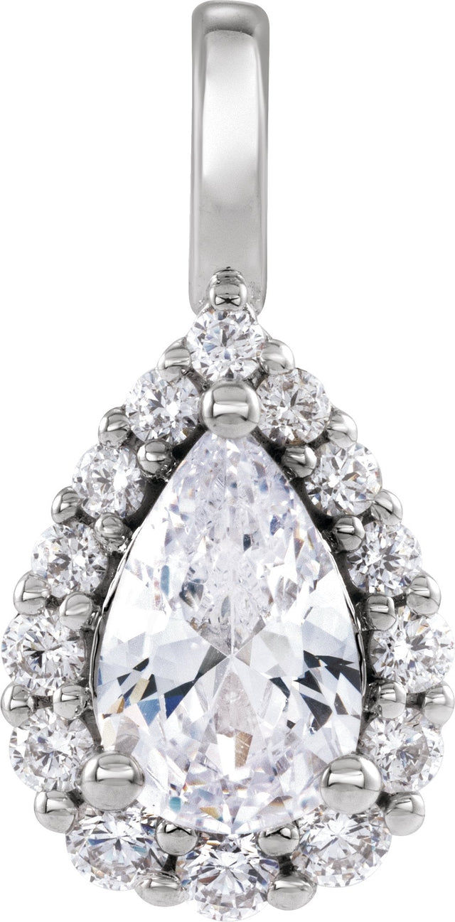 14K Gold Pear Lab-Grown Diamond Halo-Style Pendant - White Gold