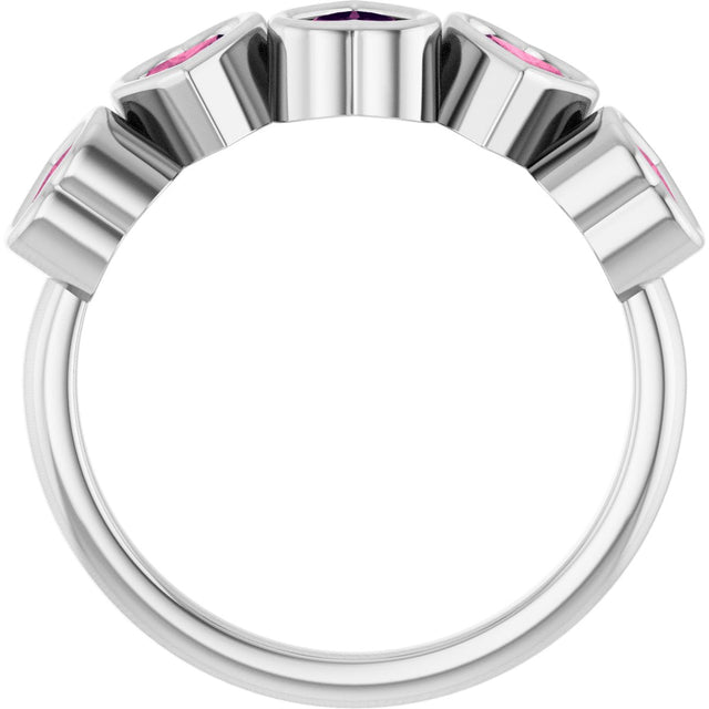 14K Gold Natural Pink Tourmaline Five-Stone Heart Ring - White Gold - view 2