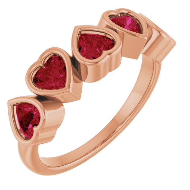 14K Gold Natural Mozambique Garnet Five-Stone Heart Ring - Rose Gold
