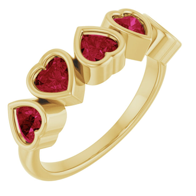14K Gold Natural Mozambique Garnet Five-Stone Heart Ring - Yellow Gold