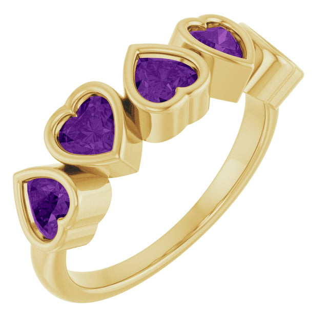14K Gold Natural Amethyst Five-Stone Heart Ring - Yellow Gold